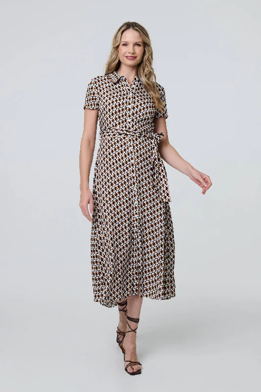 Midi dresses with off - the - shoulder necklines for a flirty look Geo Print Short Sleeve Tie Waist Midi Dress Midi dresses with off - the - shoulder necklines for a flirty look Geo Print Short Sleeve Tie Waist Midi Dress