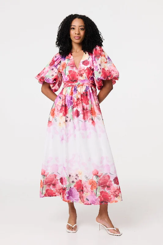 Midi dresses with V - necklines for a flattering and elongating effect Floral Print 1/2 Angel Sleeve Midi Dress Midi dresses with V - necklines for a flattering and elongating effect Floral Print 1/2 Angel Sleeve Midi Dress
