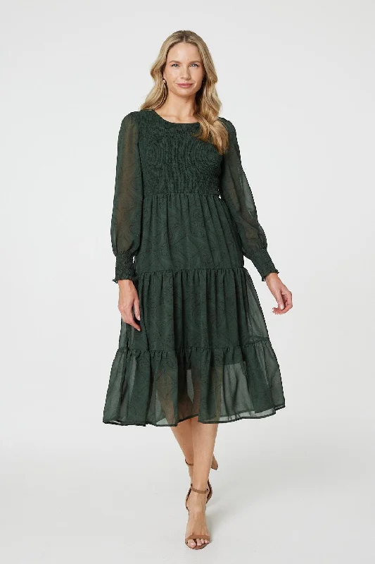 Midi dresses with asymmetric hems for a fashion - forward and dynamic appearance Printed Sheer Layer Midi Smock Dress Midi dresses with asymmetric hems for a fashion - forward and dynamic appearance Printed Sheer Layer Midi Smock Dress