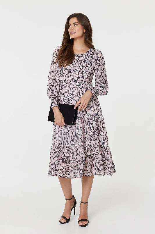 Midi dresses with mesh inserts for a trendy and breathable option Floral Tiered Smock Midi Dress Midi dresses with mesh inserts for a trendy and breathable option Floral Tiered Smock Midi Dress