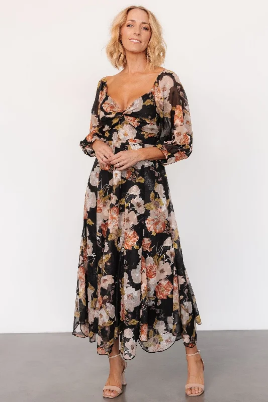 Midi dresses with ruched sleeves for a more fitted and stylish arm look Etta Midi Dress | Black + Peach Floral Midi dresses with ruched sleeves for a more fitted and stylish arm look Etta Midi Dress | Black + Peach Floral