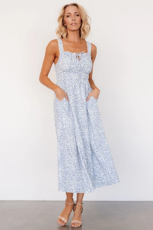 A - line midi dresses with floral prints for spring brunches Evonne Midi Dress | Blue Floral
