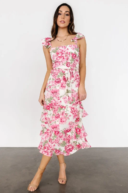 Midi dresses with satin - finish fabrics for a luxurious feel Guayana Ruffle Midi Dress | Pink + Ivory Midi dresses with satin - finish fabrics for a luxurious feel Guayana Ruffle Midi Dress | Pink + Ivory