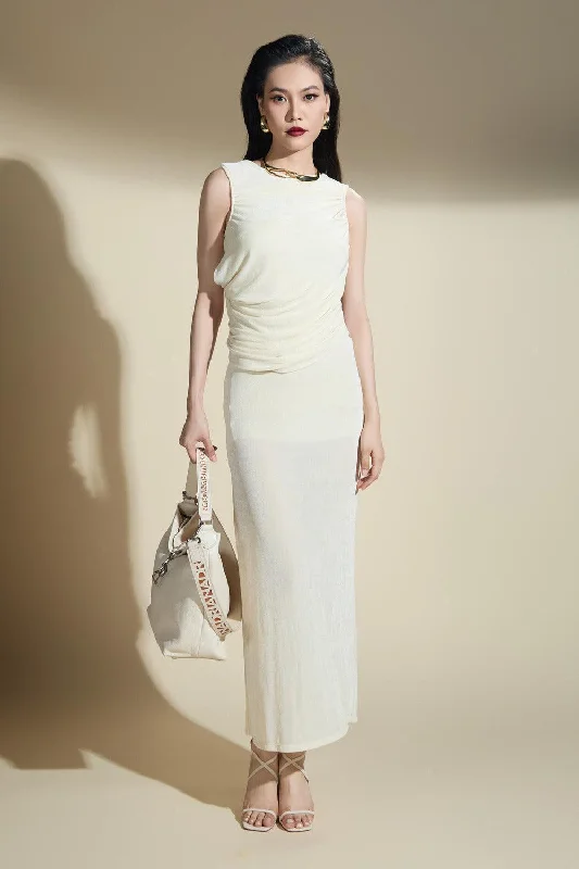 Midi dresses with sheer panels for a touch of allure Hayden Sheath Draped Polyester Spandex Midi Dress Midi dresses with sheer panels for a touch of allure Hayden Sheath Draped Polyester Spandex Midi Dress