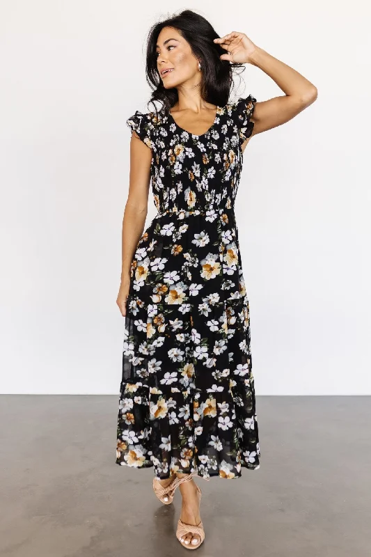 Midi dresses with lace - up fronts for a unique and adjustable style Kenna Smocked Midi Dress | Black Floral Midi dresses with lace - up fronts for a unique and adjustable style Kenna Smocked Midi Dress | Black Floral