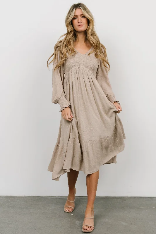 Midi dresses with asymmetric hems for a fashion - forward and dynamic appearance Lainey Smocked Dotted Midi Dress | Beige Midi dresses with asymmetric hems for a fashion - forward and dynamic appearance Lainey Smocked Dotted Midi Dress | Beige