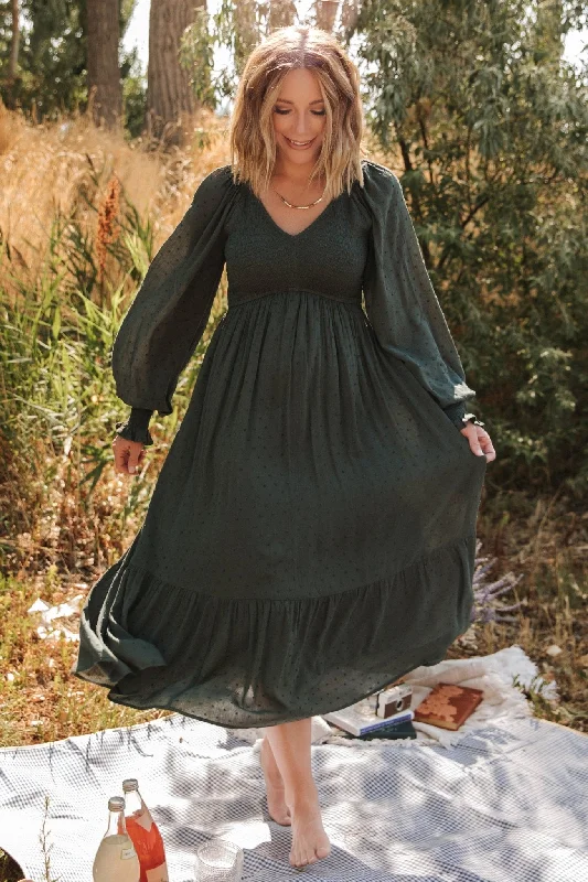 Midi dresses with fringe details for a fun and energetic style Lainey Smocked Dotted Midi Dress | Deep Olive Midi dresses with fringe details for a fun and energetic style Lainey Smocked Dotted Midi Dress | Deep Olive