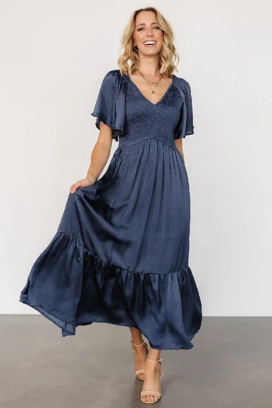 Midi dresses with wrap - around skirts for a customizable fit Lovell Smocked Midi Dress | Midnight Blue Midi dresses with wrap - around skirts for a customizable fit Lovell Smocked Midi Dress | Midnight Blue