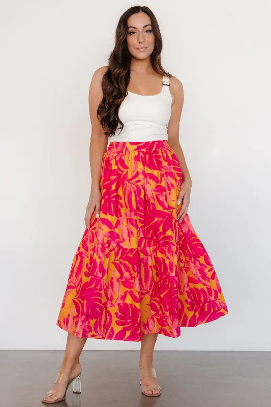 Midi dresses with wrap - around skirts for a customizable fit Luana Tiered Skirt | Orange + Fuchsia Midi dresses with wrap - around skirts for a customizable fit Luana Tiered Skirt | Orange + Fuchsia
