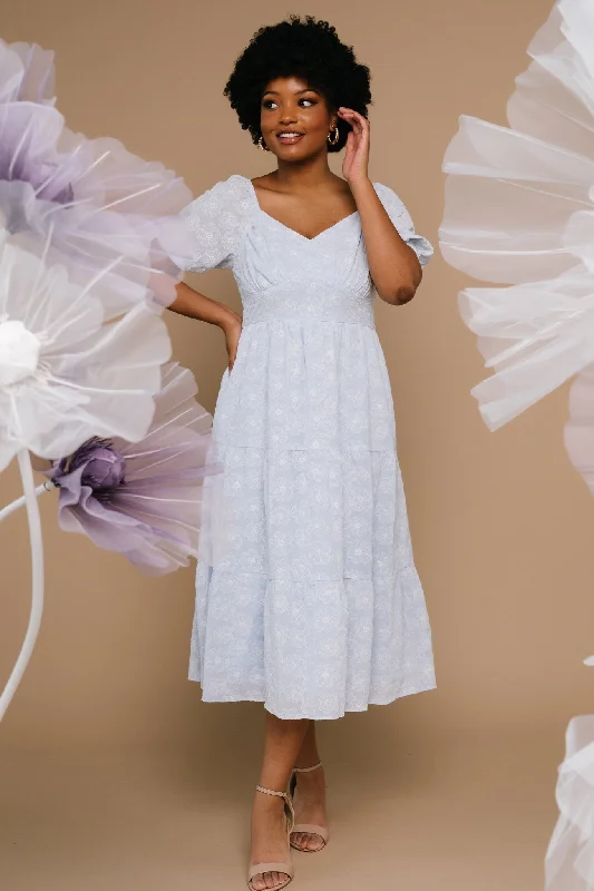 Midi dresses with patchwork patterns for a one - of - a - kind style Mildred Embroidered Midi Dress | Light Blue Midi dresses with patchwork patterns for a one - of - a - kind style Mildred Embroidered Midi Dress | Light Blue