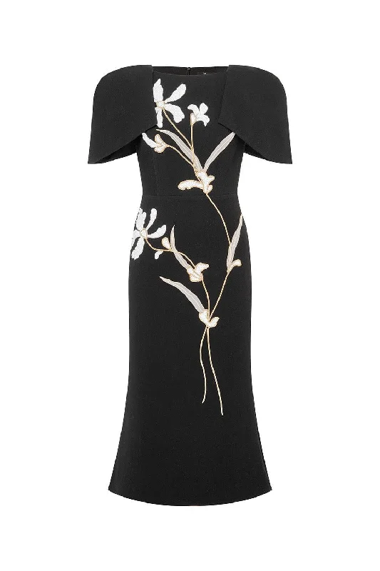 Midi dresses with cold - shoulder cutouts for a trendy style Orchids Trumpet Cape Sleeved Polyester Midi Dress Midi dresses with cold - shoulder cutouts for a trendy style Orchids Trumpet Cape Sleeved Polyester Midi Dress