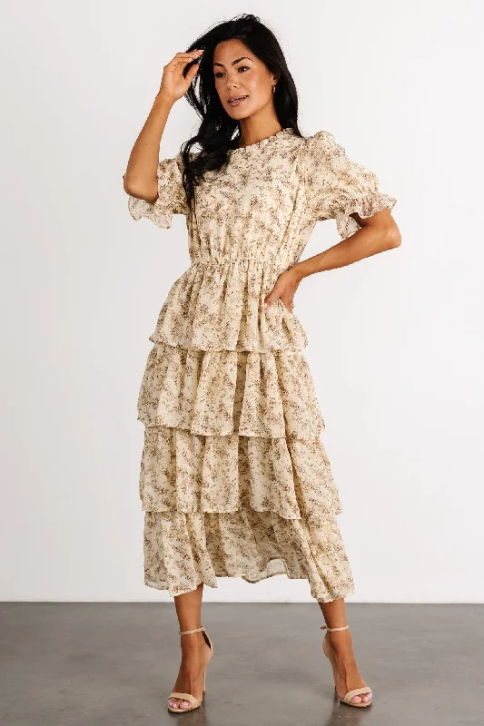 Sleeveless midi dresses with lace details for summer weddings Pia Tiered Midi Dress | Pale Yellow Floral Sleeveless midi dresses with lace details for summer weddings Pia Tiered Midi Dress | Pale Yellow Floral
