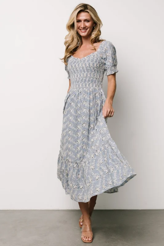 Midi dresses with keyhole backs for a flirty and unexpected detail Piper Eyelet Midi Dress | Blue + Ivory Midi dresses with keyhole backs for a flirty and unexpected detail Piper Eyelet Midi Dress | Blue + Ivory