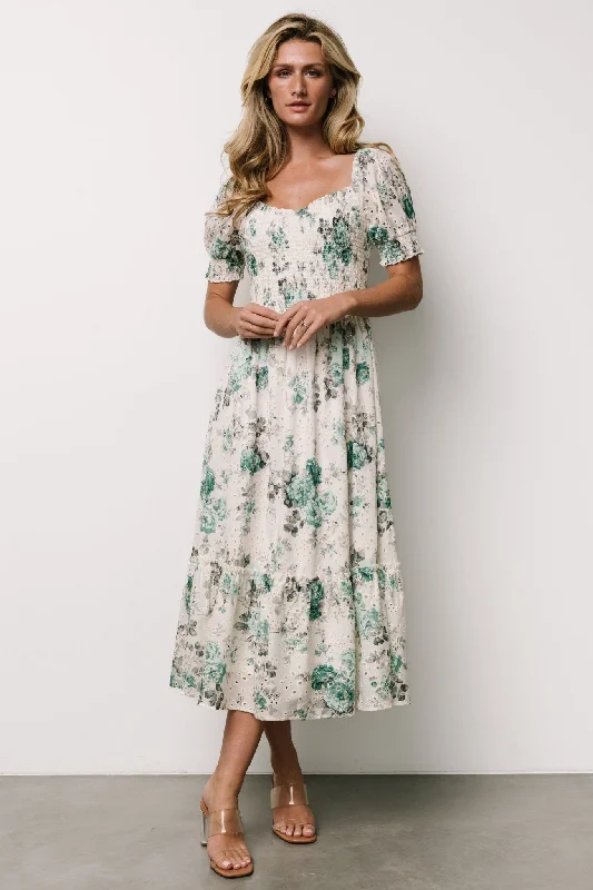 Midi dresses with abstract art prints for an artistic statement Piper Eyelet Midi Dress | Off White + Green Floral Midi dresses with abstract art prints for an artistic statement Piper Eyelet Midi Dress | Off White + Green Floral