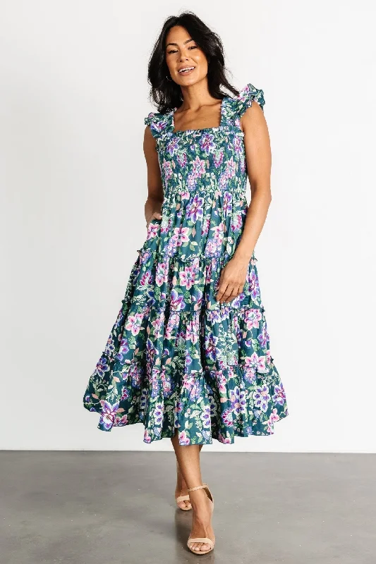 Midi dresses with belted waists to accentuate the figure Tatum Smocked Tiered Dress | Green Multi