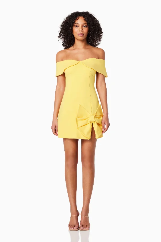 Mini dresses with bow accents for a sweet look Cadence Off The Shoulder Mini Dress In Yellow Mini dresses with bow accents for a sweet look Cadence Off The Shoulder Mini Dress In Yellow
