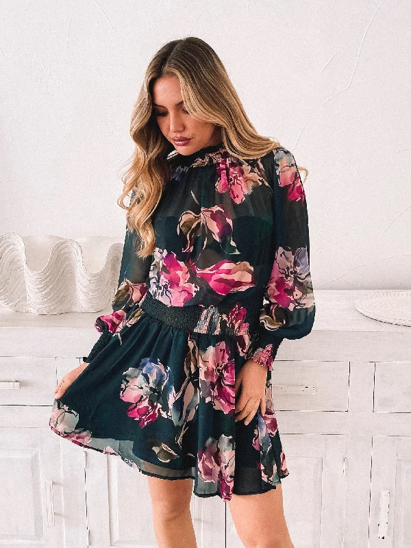 Plaid mini dresses for fall fashion Neary Dress - Emerald Floral