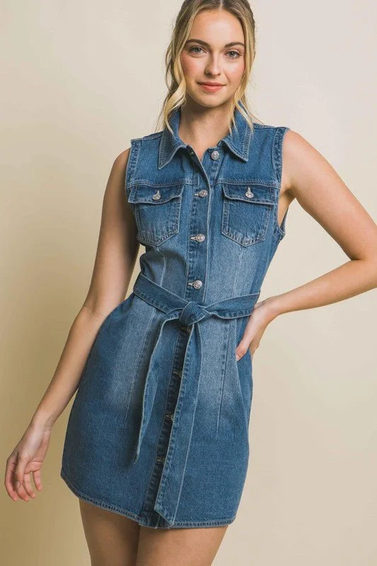 Sheer mini dresses with lace inserts Sleeveless Denim Dress