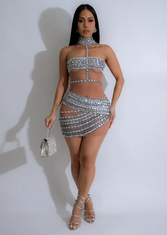 Mini dresses with asymmetric hems for a fashion - forward look Golden Mirage Mesh Rhinestones Mini Dress Silver Mini dresses with asymmetric hems for a fashion - forward look Golden Mirage Mesh Rhinestones Mini Dress Silver
