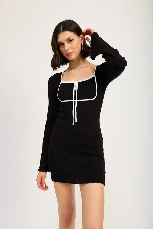 Mini dresses with V - necklines for a flattering shape Black Long Sleeve Mini Dress