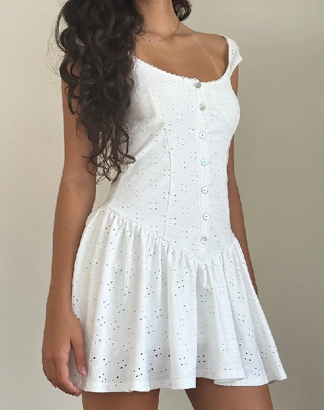 Mini dresses with high - low hems for a modern twist Misty Mini Tea Dress in Broderie White Mini dresses with high - low hems for a modern twist Misty Mini Tea Dress in Broderie White