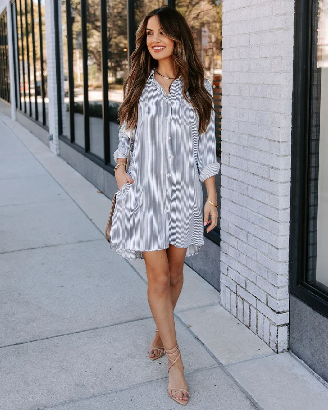 Linen mini dresses for a breathable summer option Nolita Pocketed Striped Button Down Shirt Dress - Blue Linen mini dresses for a breathable summer option Nolita Pocketed Striped Button Down Shirt Dress - Blue