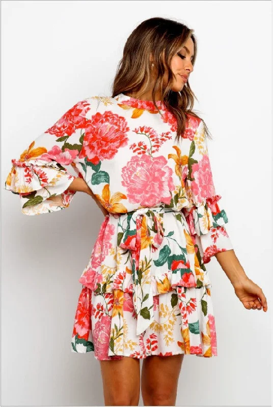Ruffled mini dresses for a romantic touch Once And Floral Satin Rope Tie Ruffle Dress Ruffled mini dresses for a romantic touch Once And Floral Satin Rope Tie Ruffle Dress