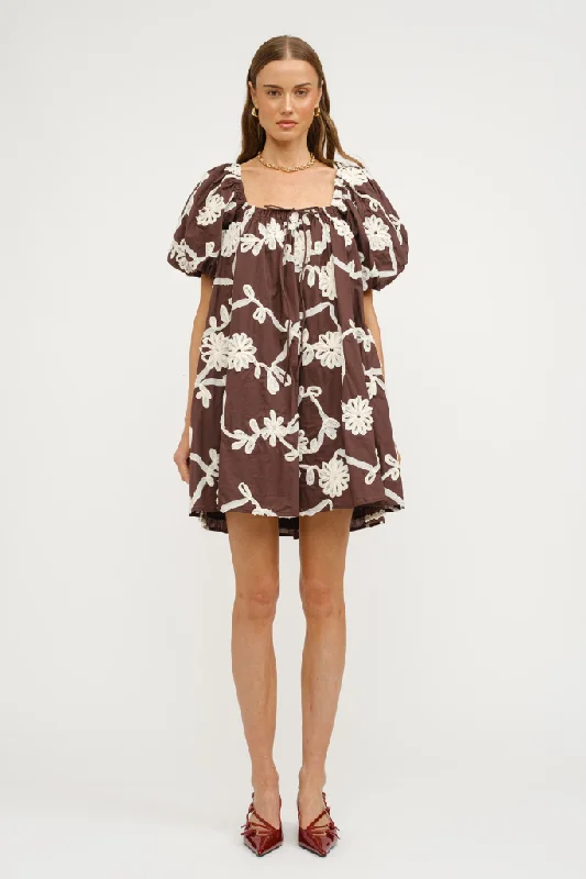 Mini dresses with spaghetti straps for a delicate look Short and Sweet Embroidered Mini Dress in Brown