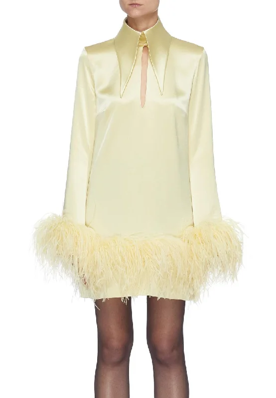 Wedding guest dresses with ruched bodices and spaghetti straps Yellow Michelle Feather-Trimmed Mini Dress