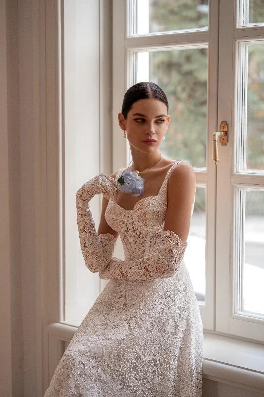 Backless wedding dresses with lace - up details​ A-Line Lace Romantic Wedding Dress with Removable Sleeves