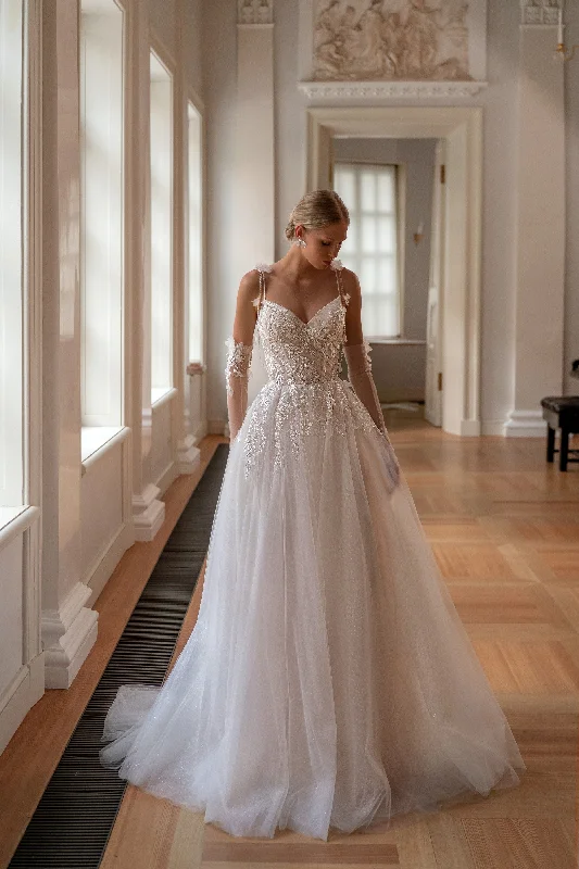Boho - inspired wedding dresses with floral embroidery A-Line Spaghetti Strap Gown with and Removable Sleeves Boho - inspired wedding dresses with floral embroidery A-Line Spaghetti Strap Gown with and Removable Sleeves
