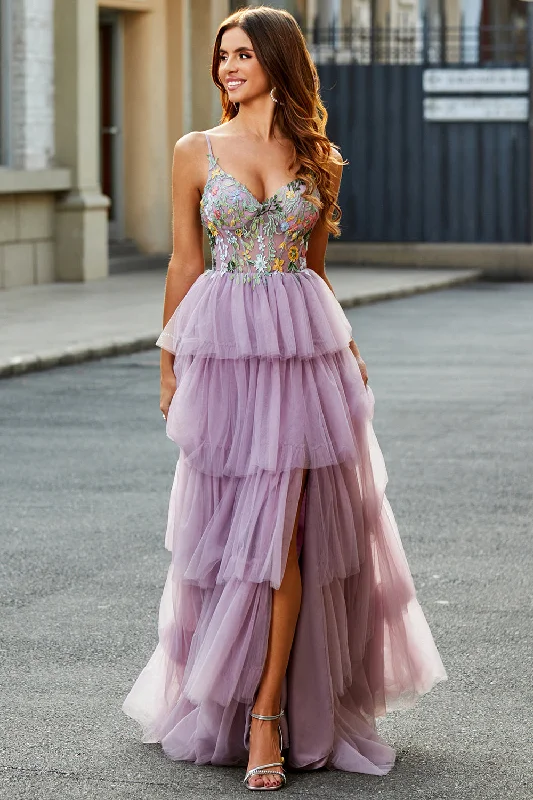 One - shoulder cocktail dresses in emerald green for a bold statement A-Line Tulle Long Corset Tiered Mauve Prom Dress With Appliques One - shoulder cocktail dresses in emerald green for a bold statement A-Line Tulle Long Corset Tiered Mauve Prom Dress With Appliques