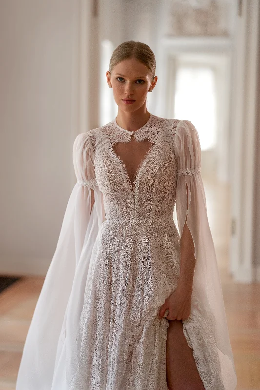 Wedding dresses with a sweetheart - neck and a corseted back A-Line V-Neck Bohemian Lace Wedding Dress with Removable Cape Wedding dresses with a sweetheart - neck and a corseted back A-Line V-Neck Bohemian Lace Wedding Dress with Removable Cape