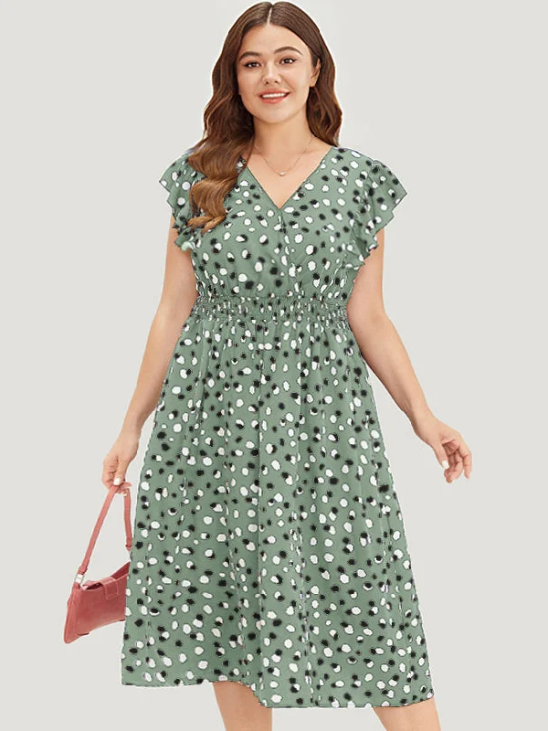 Wedding guest dresses with cut - out details and midi lengths Allover Print Pocket Wrap Flutter Cap Sleeve Dress