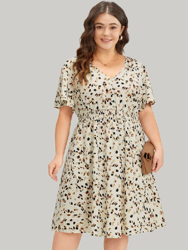 Wedding guest dresses with ruched bodices and spaghetti straps Allover Print Shirred Pocket V Neck Dress