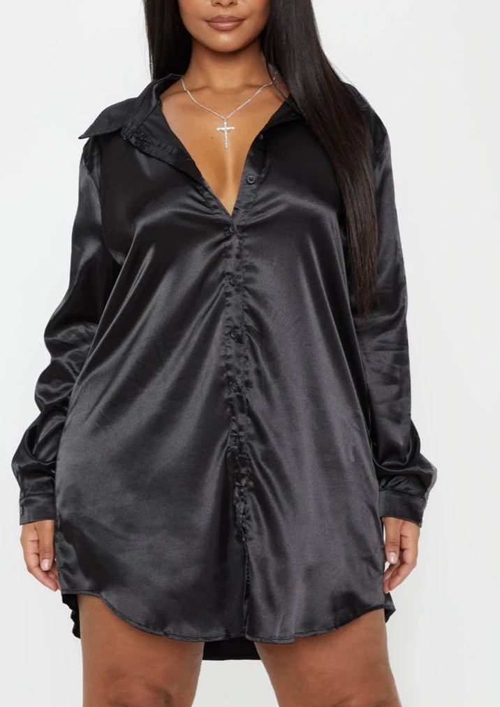 Holiday dresses with a pleated skirt and a button - down front for a timeless and classic holiday look Amaira SATIN BUTTON FRONT SHIRT DRESS Holiday dresses with a pleated skirt and a button - down front for a timeless and classic holiday look Amaira SATIN BUTTON FRONT SHIRT DRESS