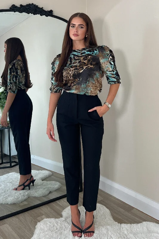 Party dresses with a mermaid silhouette for a figure - hugging fit Asher Blue And Brown Animal Print Top Party dresses with a mermaid silhouette for a figure - hugging fit Asher Blue And Brown Animal Print Top