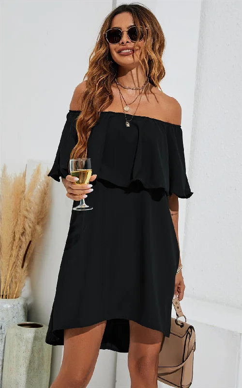 Bow - backed cocktail dresses with a fit - and - flare silhouette Bardot Frill Off Shoulder Mini Dress In Black