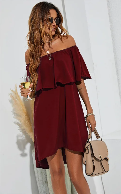 Mini cocktail dresses with a glittery finish for a party - ready style Bardot Frill Off Shoulder Mini Dress In Wine Red Mini cocktail dresses with a glittery finish for a party - ready style Bardot Frill Off Shoulder Mini Dress In Wine Red