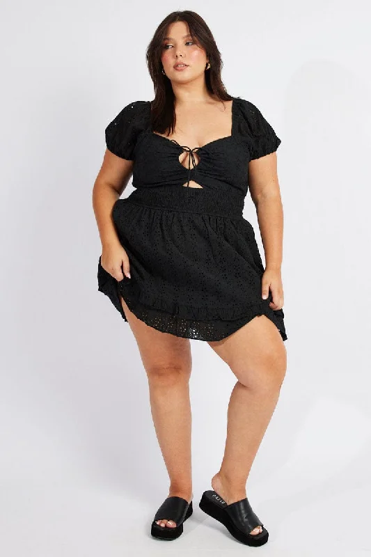 80s - inspired party dresses with bold colors and big shoulders Black Fit And Flare Dress Short Sleeve Embroidered 80s - inspired party dresses with bold colors and big shoulders Black Fit And Flare Dress Short Sleeve Embroidered
