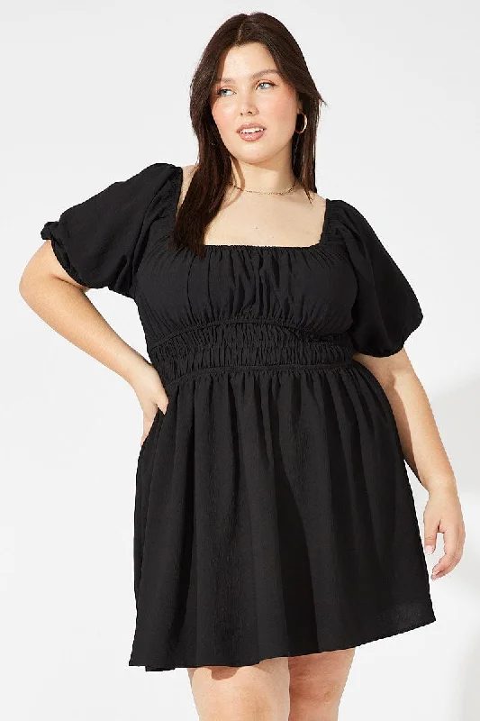 Sleeveless party dresses made of silk for a luxurious feel Black Fit And Flare Dress Short Sleeve Shirred Waist Sleeveless party dresses made of silk for a luxurious feel Black Fit And Flare Dress Short Sleeve Shirred Waist