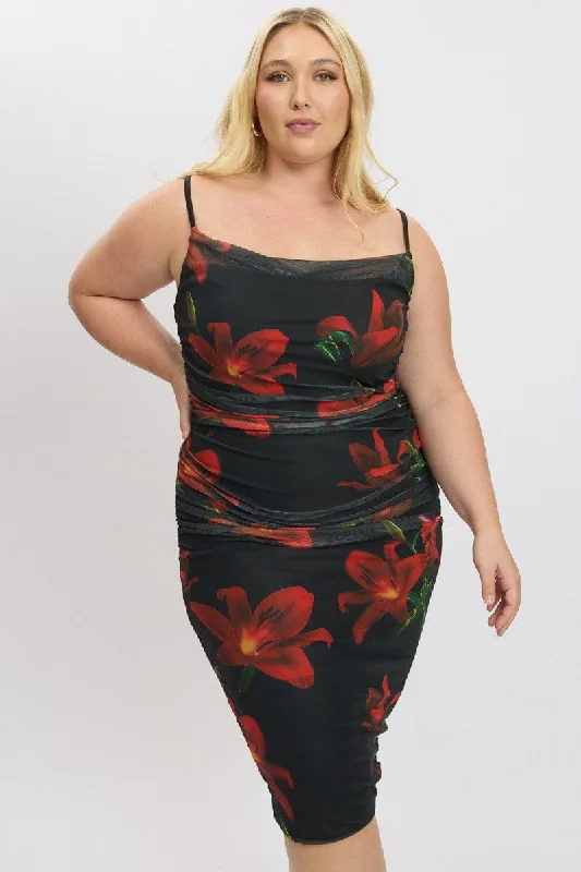 Bodycon dress for a business networking event​ Black Floral Cowl Neck Shoestring Strap Bodycon Maxi Dress