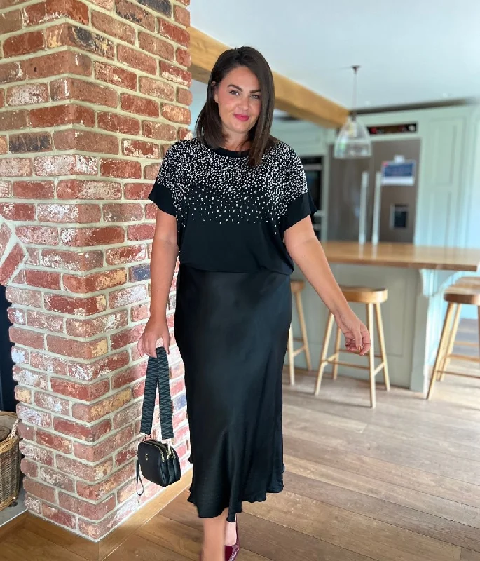 Short cocktail dresses in royal blue for a formal event Black Satin Slip Midi Skirt