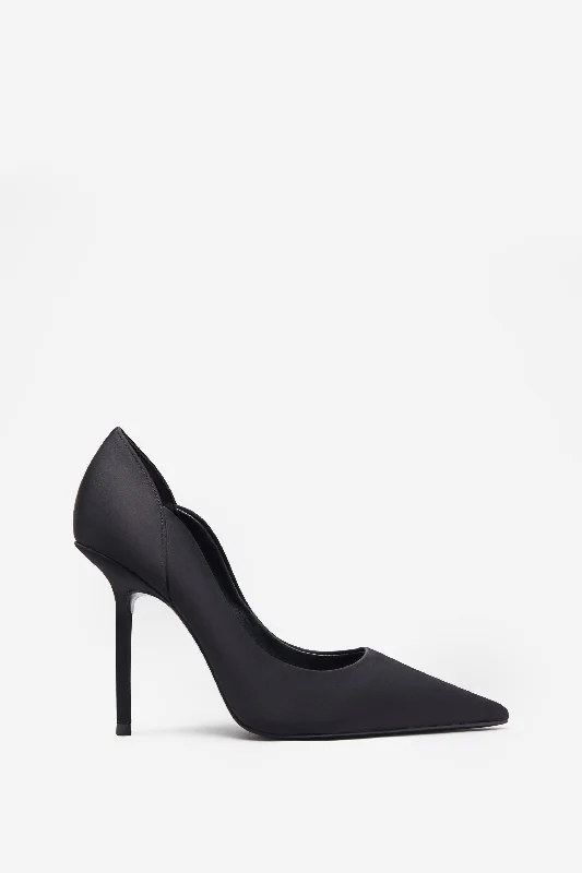 Sequined wedding guest dresses for an evening wedding Blade | Black Satin Court Heels With Scallop Edge