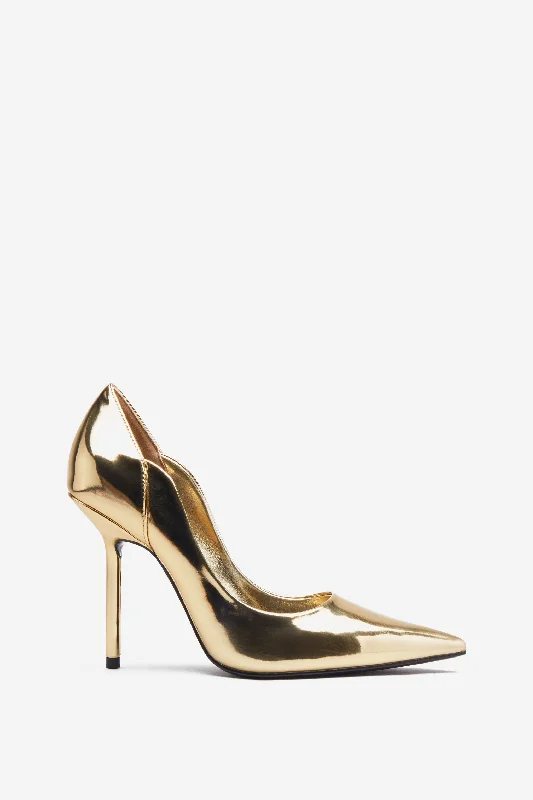 Wedding guest dresses with puff sleeves and knee - length hems Blade | Gold Metallic Court Heels With Scallop Edge