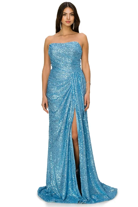 Velvet party dresses in rich jewel tones for a sophisticated appearance Bliss Fitted Strapless Ruched Sequin Slit Gown for Women, Sizes XS-3XL Velvet party dresses in rich jewel tones for a sophisticated appearance Bliss Fitted Strapless Ruched Sequin Slit Gown for Women, Sizes XS-3XL