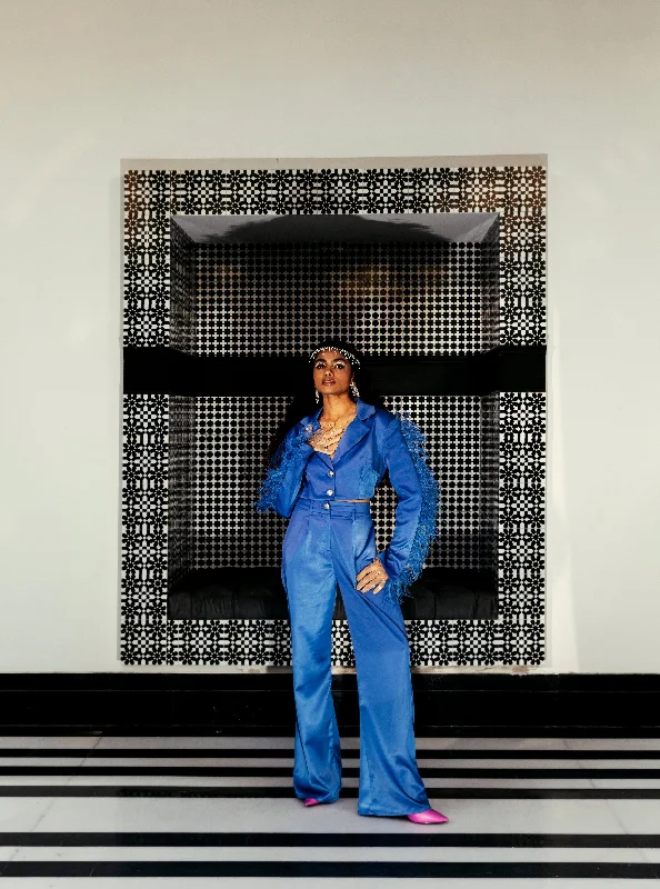 Mini holiday dresses in metallic leather for a bold and edgy New Year's party​ Renee Blue Feather Blazer Set