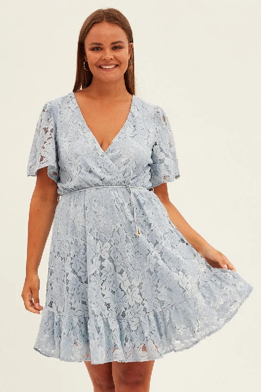Party dresses with a metallic - thread embroidery for a luxurious touch Light Blue Fit And Flare Dress Short Sleeve Wrap Lace Party dresses with a metallic - thread embroidery for a luxurious touch Light Blue Fit And Flare Dress Short Sleeve Wrap Lace