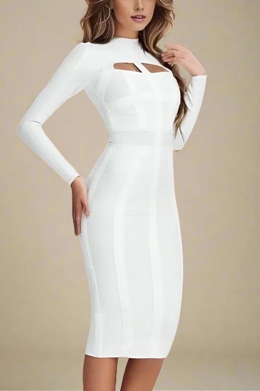 Holiday dresses with a flounced hem for a playful and fun holiday look Brooke Long Sleeve Bandage Dress - Pearl White Holiday dresses with a flounced hem for a playful and fun holiday look Brooke Long Sleeve Bandage Dress - Pearl White