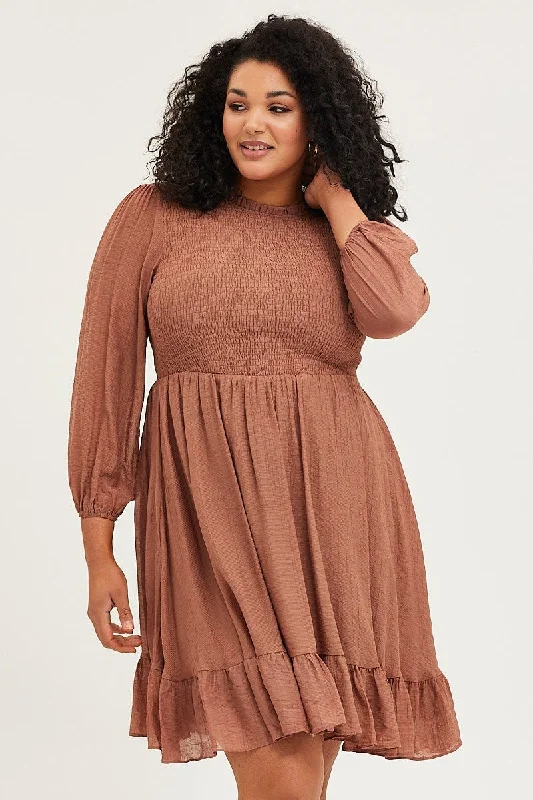 Long - length party dresses with a high - low hem for a trendy style Brown Skater Dress Round Neck Long Sleeve Shirred Long - length party dresses with a high - low hem for a trendy style Brown Skater Dress Round Neck Long Sleeve Shirred